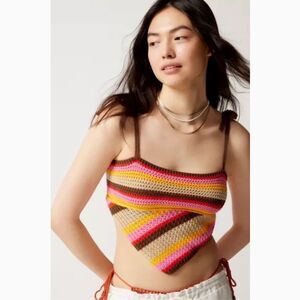 UO Layla Hanky Hem Sweater Cami, Sz Med, Rainbow Cropped Retro Crochet